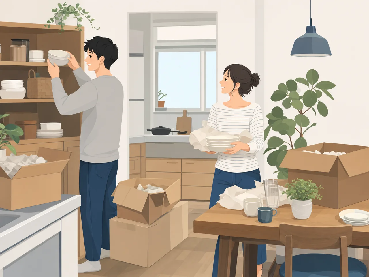 新生活を整える日本人の新婚夫婦（フラットイラスト）。新婚夫婦、新生活、二人暮らし、協力の記事向け素材です。