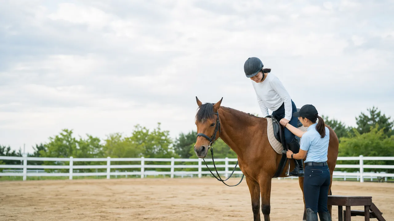 乗馬を学ぶ日本人（横長・コピースペース）。馬、乗馬、レッスン、動物との関わりの記事向け素材です。