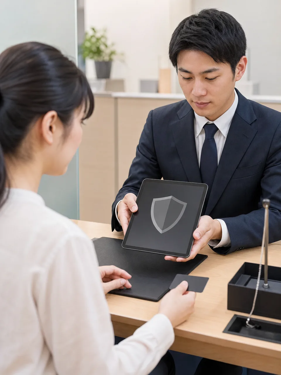 銀行で本人確認を受ける日本人（自然な縦位置写真）。銀行窓口の本人確認、口座手続きのKYC、本人確認、銀行手続きの記事や案内に使える商用素材です。
