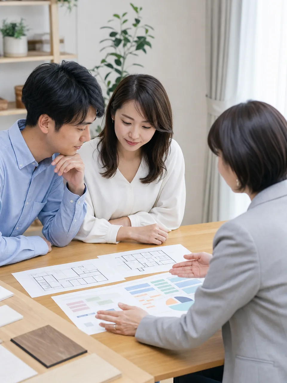 マンション購入を相談する日本人（自然な縦位置写真）。マンション購入、住宅購入、資金計画、不動産の記事向け素材です。