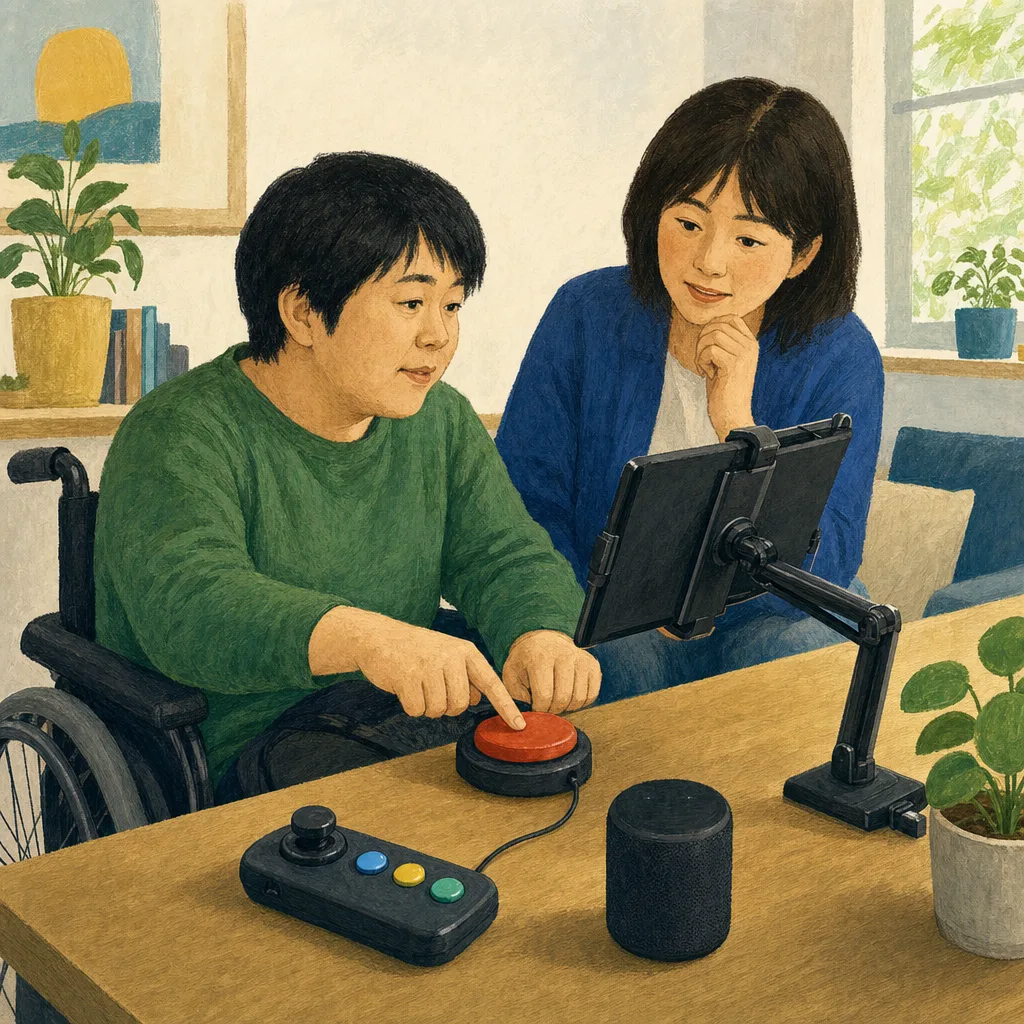 支援技術を自分に合わせて使う日本人（編集記事向け）。支援技術、アクセシビリティ、福祉機器、デジタル活用の記事向け素材です。