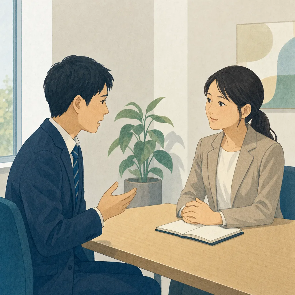 職場の悩みを相談する会社員（編集記事向け）。ハラスメント対策、社内相談窓口、労務、メンタルケアの記事向け素材です。