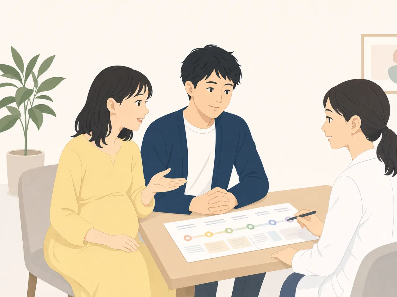 産婦人科で相談する日本人妊婦（フラットイラスト）。産婦人科、妊婦健診、妊娠、医療相談の記事向け素材です。