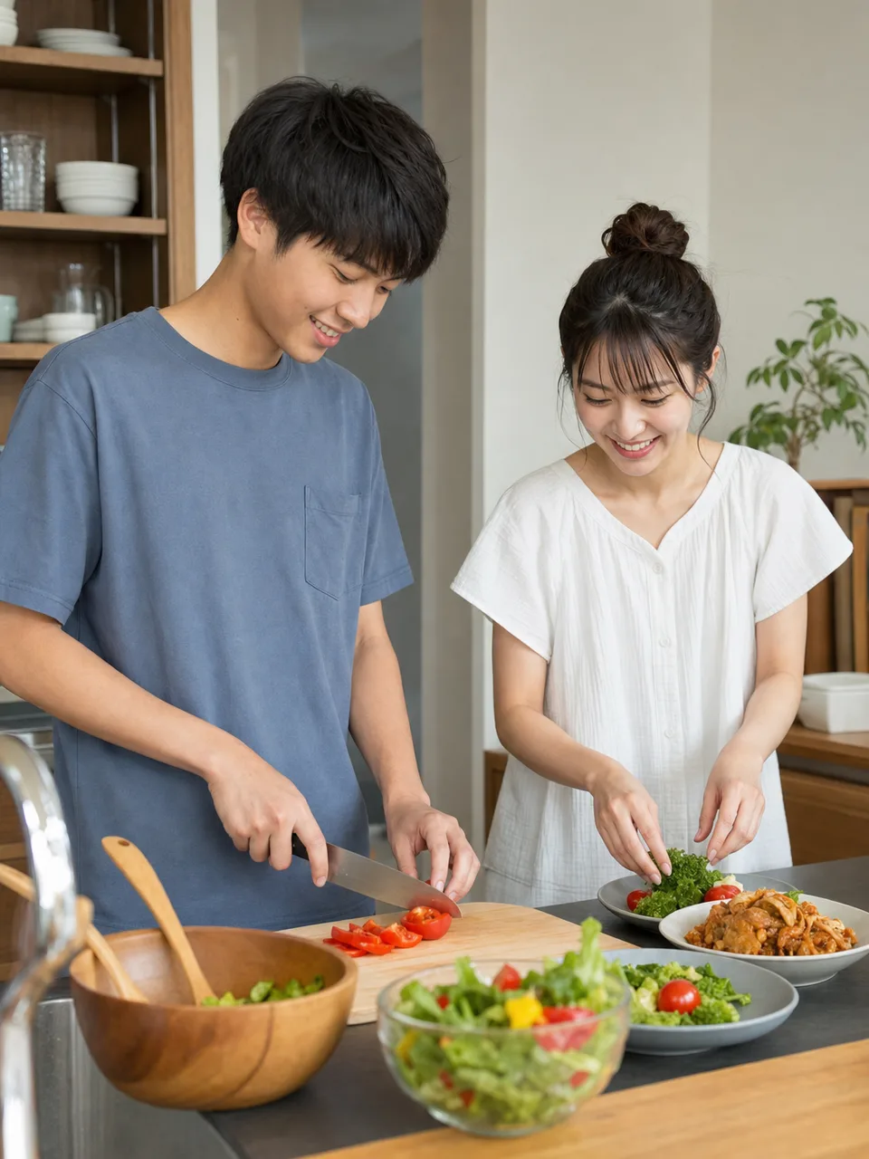 一緒に料理する日本人きょうだい（自然な縦位置写真）。成人きょうだいの料理、きょうだいで作る家庭料理、きょうだい、兄弟姉妹の記事や案内に使える商用素材です。