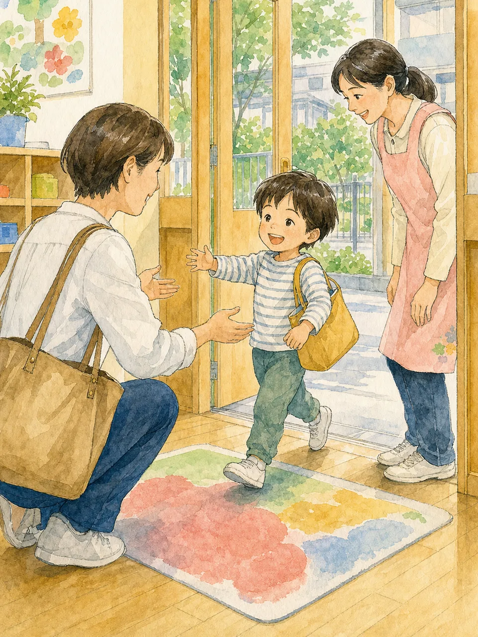 保育園へ迎えに行く日本人保護者（手描き水彩）。保育園送迎、子育て、共働き、保育士の記事向け素材です。
