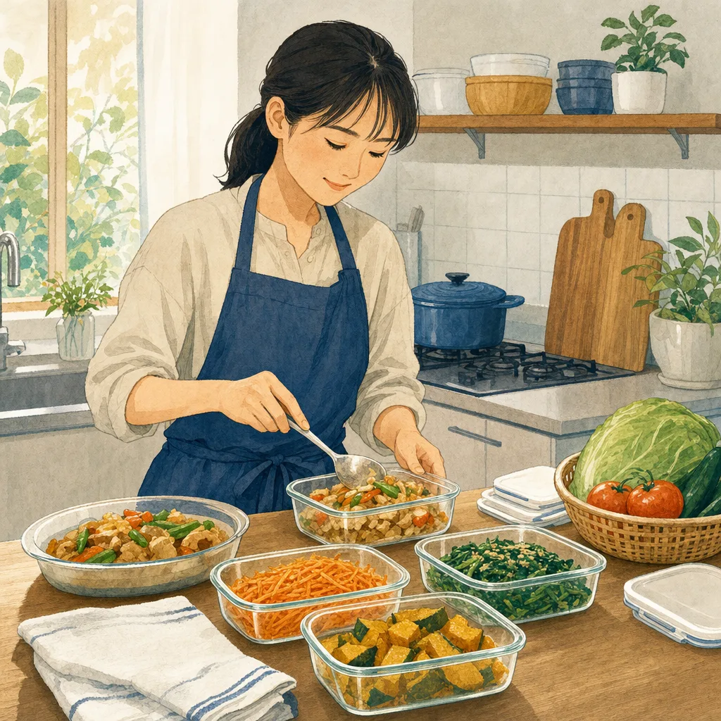 作り置き料理を準備する日本人（編集記事向け）。作り置き料理、時短家事、食生活、家庭料理の記事向け素材です。