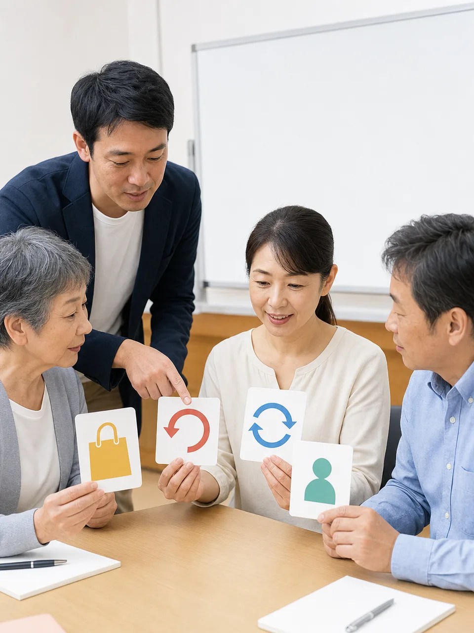 消費者の権利を学ぶ日本人（自然な縦位置写真）。消費者教育、消費者の権利、契約トラブル予防、クーリングオフの記事や案内に使える商用素材です。