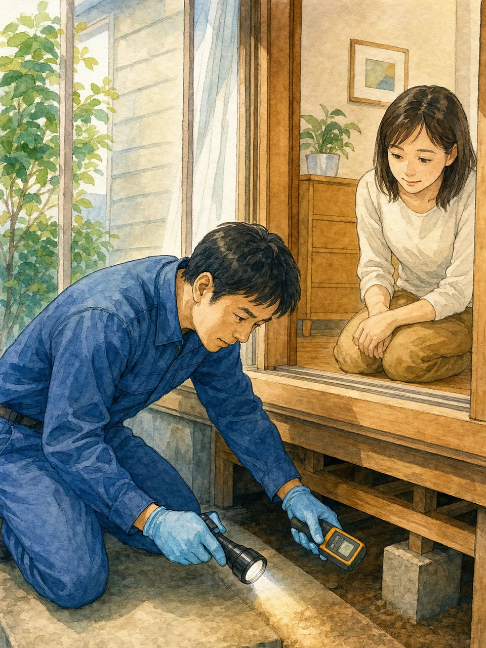 シロアリ点検をする日本人技術者（手描き水彩）。シロアリ点検、害虫対策、木造住宅、床下点検の記事や案内に使える商用素材です。