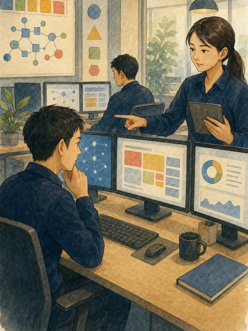 セキュリティ監視を行う日本人チーム（手描き水彩）。SOCのインシデント対応、セキュリティ運用センター、SOCアナリスト、セキュリティ監視の記事や案内に使える商用素材です。