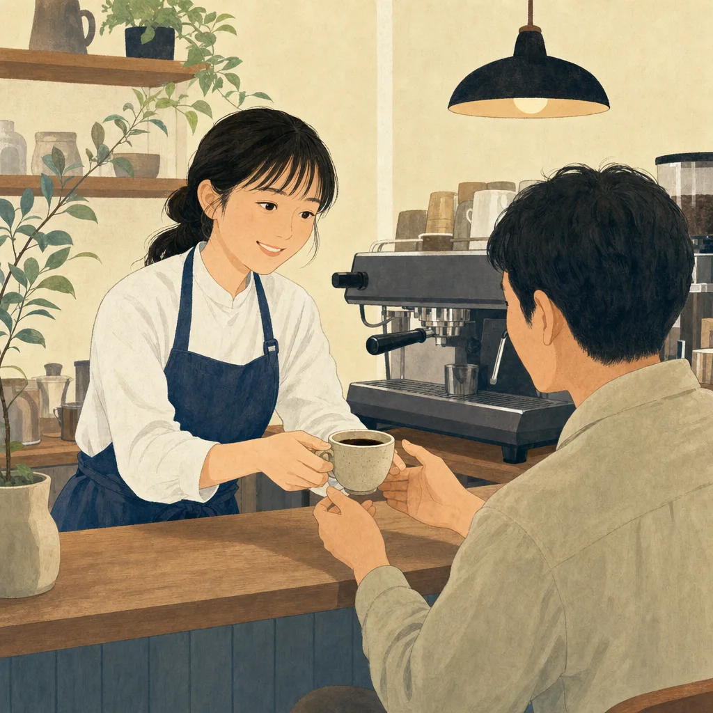 コーヒーを提供する日本人バリスタ（編集記事向け）。バリスタ、カフェ、コーヒー、接客の記事向け素材です。