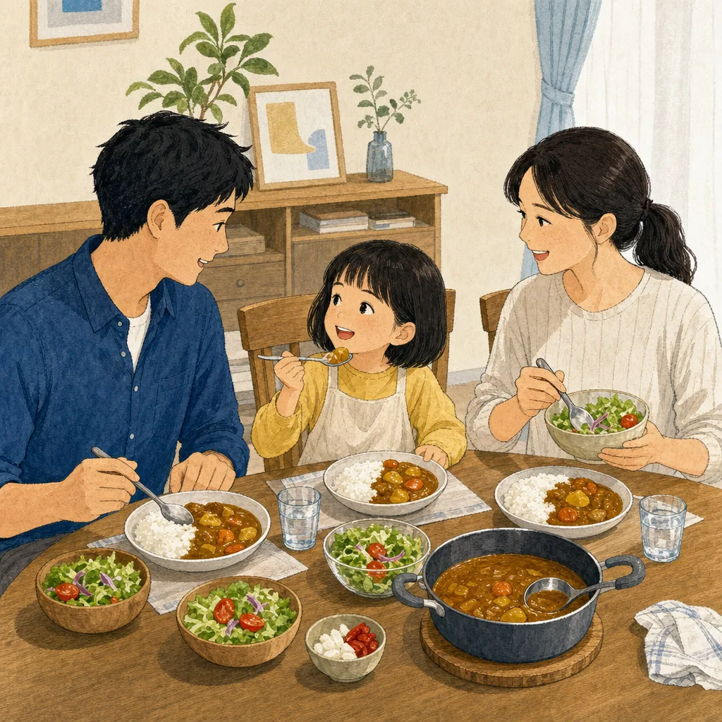 カレーライスを囲む日本人家族（編集記事向け）。カレーライス、家庭料理、家族、食卓の記事向け素材です。