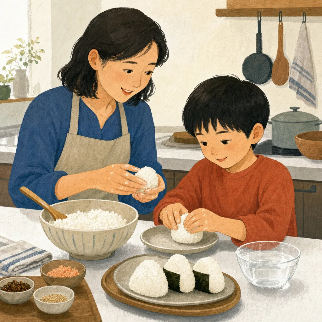おにぎりを作る日本人親子（編集記事向け）。おにぎり、家庭料理、お弁当、親子の記事向け素材です。