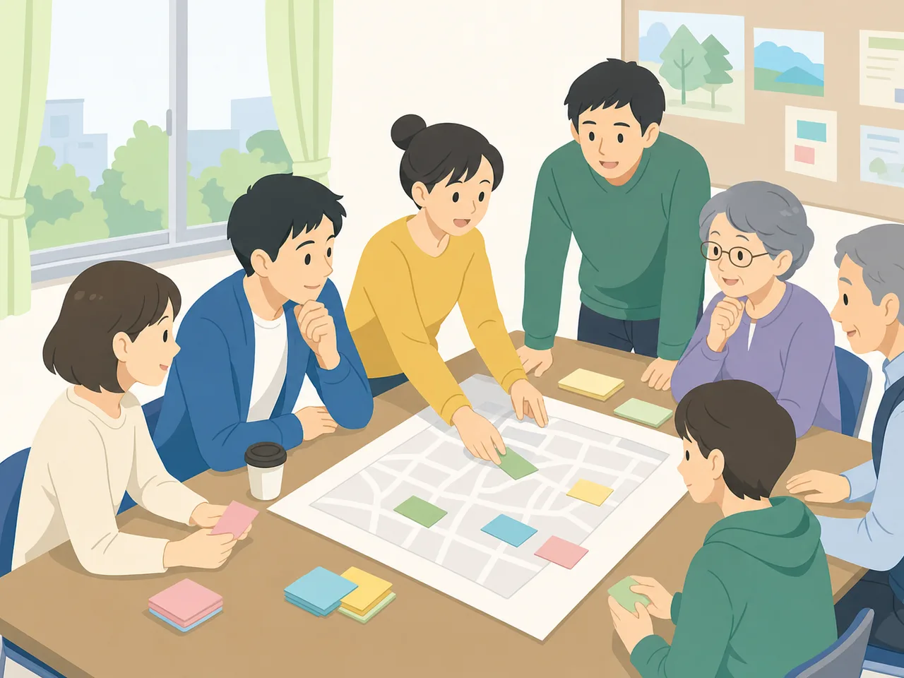町内会で話し合う日本人住民（フラットイラスト）。町内会、自治会、地域コミュニティ、住民活動の記事向け素材です。