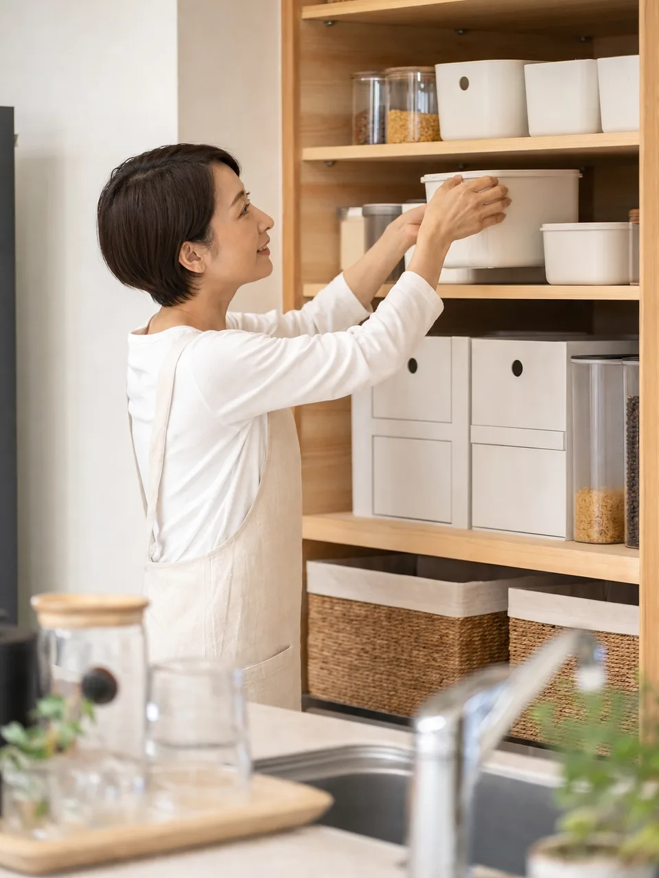 食品収納を計画する日本人家族（自然な縦位置写真）。パントリー収納、食品収納、キッチン収納、整理整頓の記事や案内に使える商用素材です。
