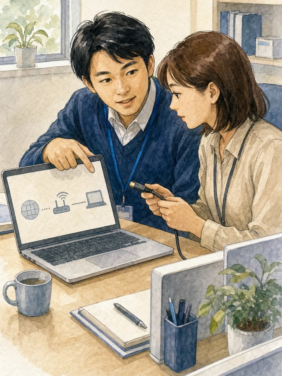 ITサポートを行う日本人担当者（手描き水彩）。ITサポート、ヘルプデスク、社内IT、問題解決の記事向け素材です。