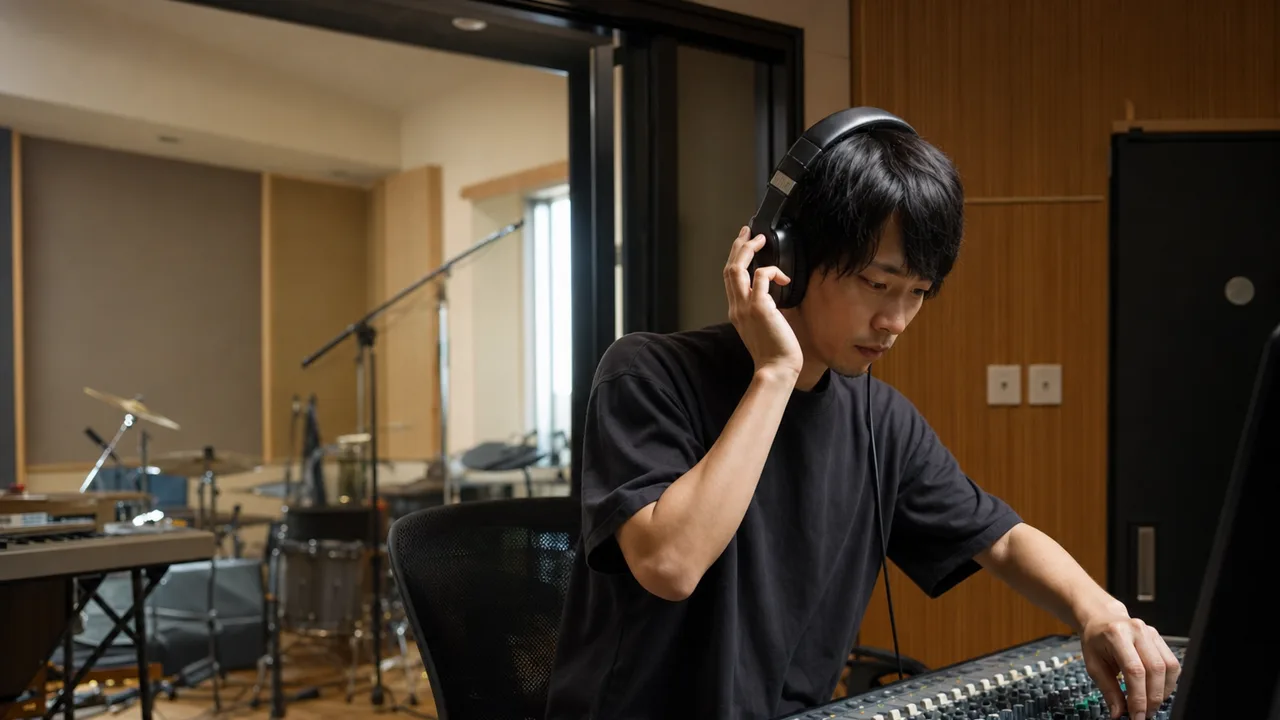 録音を調整する日本人音響エンジニア（横長・コピースペース）。音響エンジニア、レコーディング、録音、音楽制作の記事や案内に使える商用素材です。