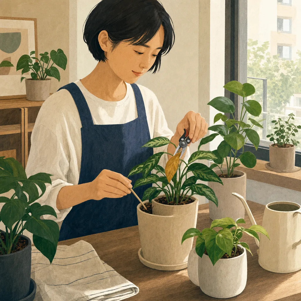 観葉植物を手入れする日本人（編集記事向け）。観葉植物の手入れ、室内園芸、暮らし、趣味の記事向け素材です。