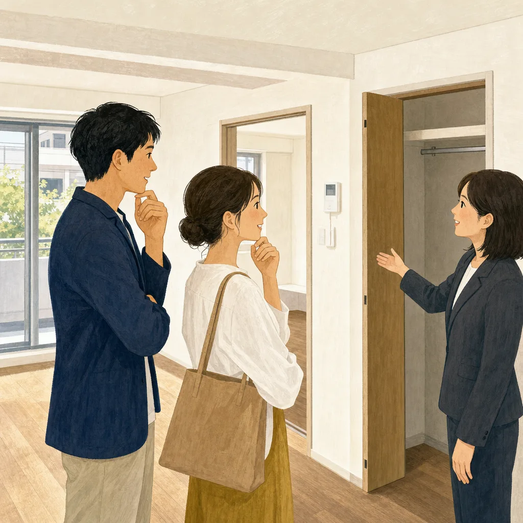 賃貸住宅を内見する日本人カップル（編集記事向け）。不動産、賃貸、引越し、住まい探しのサービス紹介に適した素材です。