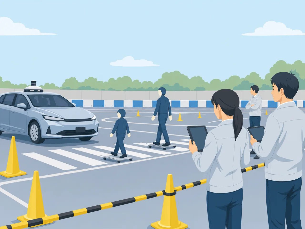 自動運転を検証する日本人技術者（フラットイラスト）。自動運転、車両開発、安全検証、モビリティの記事向け素材です。