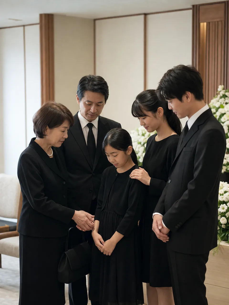 葬儀で寄り添う日本人家族（自然な縦位置写真）。葬儀、家族、供養、葬祭サービスを静かに表現する素材です。