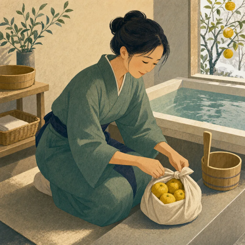 冬至のゆず湯を準備する日本人（編集記事向け）。冬至、ゆず湯、季節行事、冬の記事や案内に使える商用素材です。