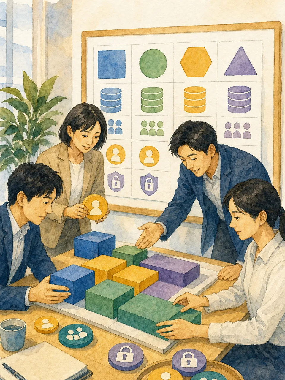 データガバナンスを整える日本人チーム（手描き水彩）。データガバナンス、データ管理、データカタログ、データ品質の記事や案内に使える商用素材です。