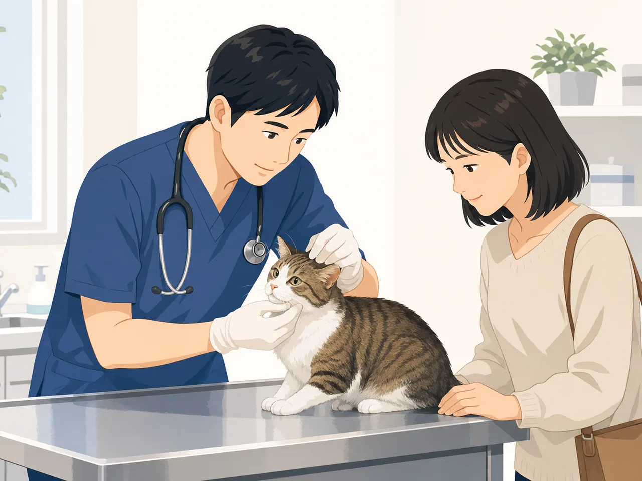 動物病院で診察を受ける猫（フラットイラスト）。ペット医療、保険、飼育情報の記事に使える、獣医師と猫と飼い主の素材です。