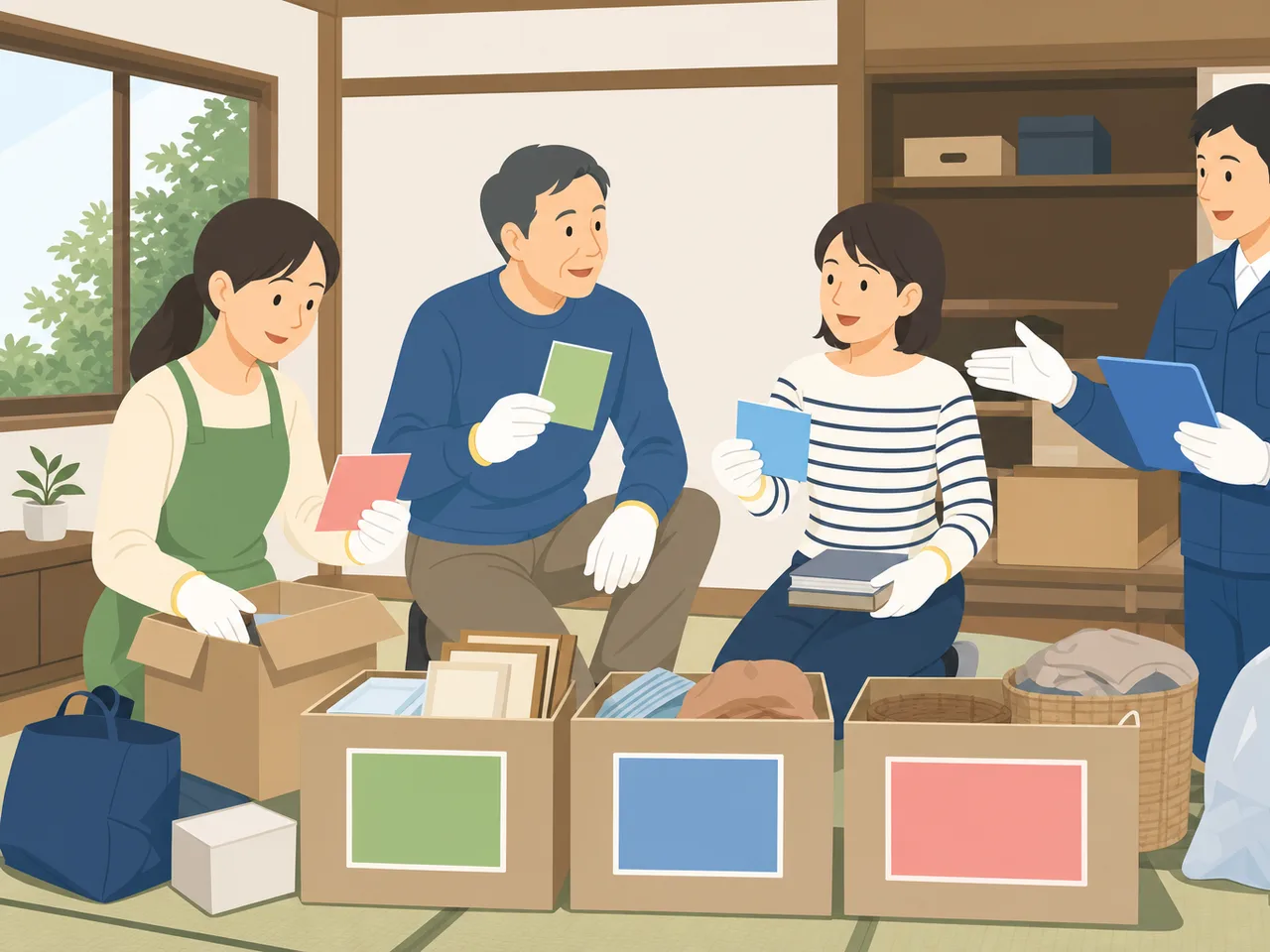 空き家の片付けを計画する日本人家族（フラットイラスト）。空き家片付け、実家整理、家財整理、空き家管理の記事や案内に使える商用素材です。