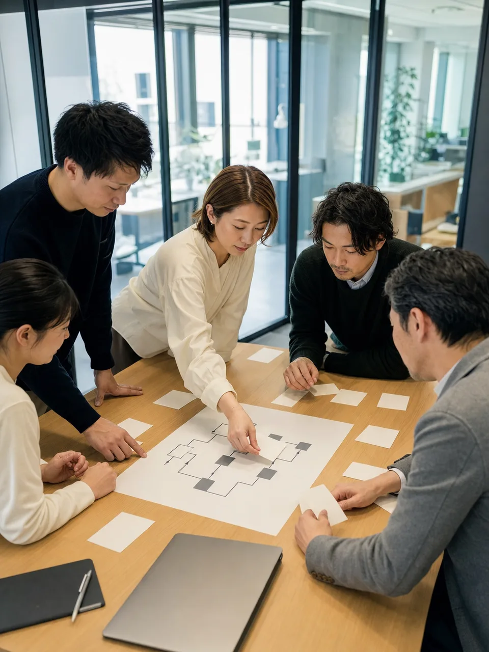 生成AIガバナンスを検討する日本人チーム（自然な縦位置写真）。生成AIガバナンス、AI活用、リスク管理、企業向け素材です。