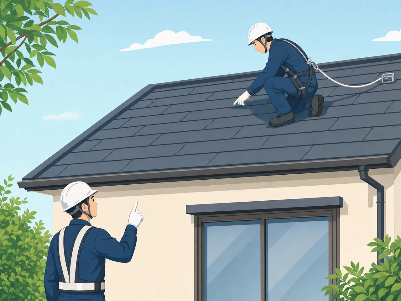 住宅の屋根を点検する日本人技術者（フラットイラスト）。屋根点検、住宅点検、雨漏り対策、建物維持の記事や案内に使える商用素材です。