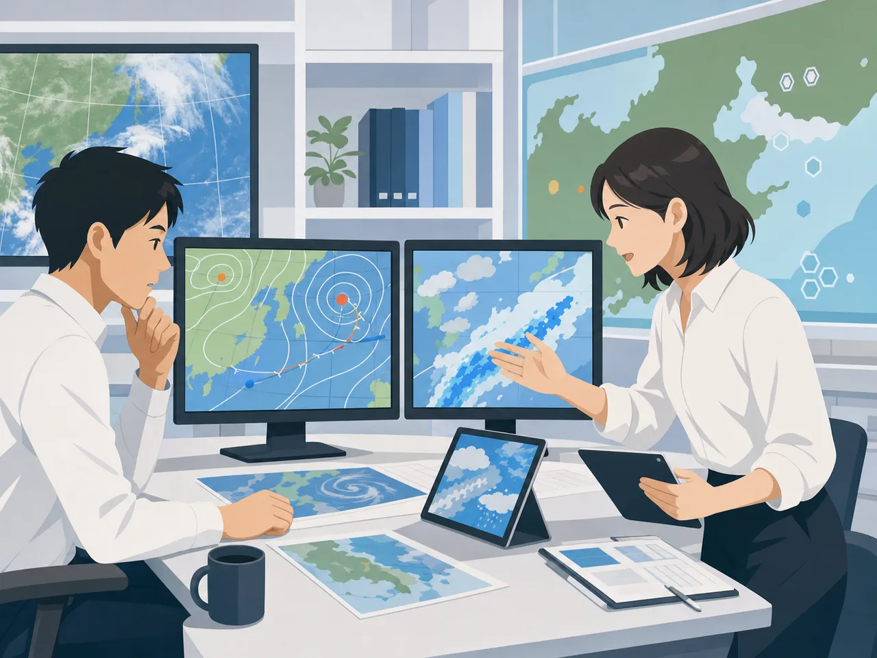 天気を分析する日本人気象予報士（フラットイラスト）。気象予報士、天気予報、気象分析、天気の記事や案内に使える商用素材です。