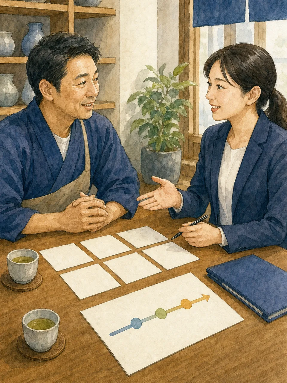 事業融資を相談する日本人経営者（手描き水彩）。事業融資、中小企業、銀行相談、資金調達の記事や案内に使える商用素材です。