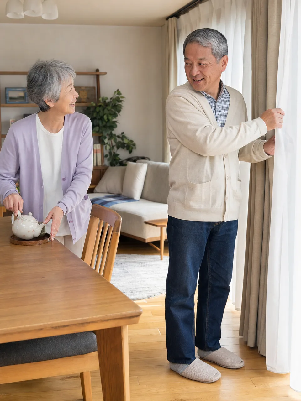 日常を過ごす日本人シニア夫婦（自然な縦位置写真）。シニア夫婦、二人暮らし、日常、自立した暮らしの記事向け素材です。