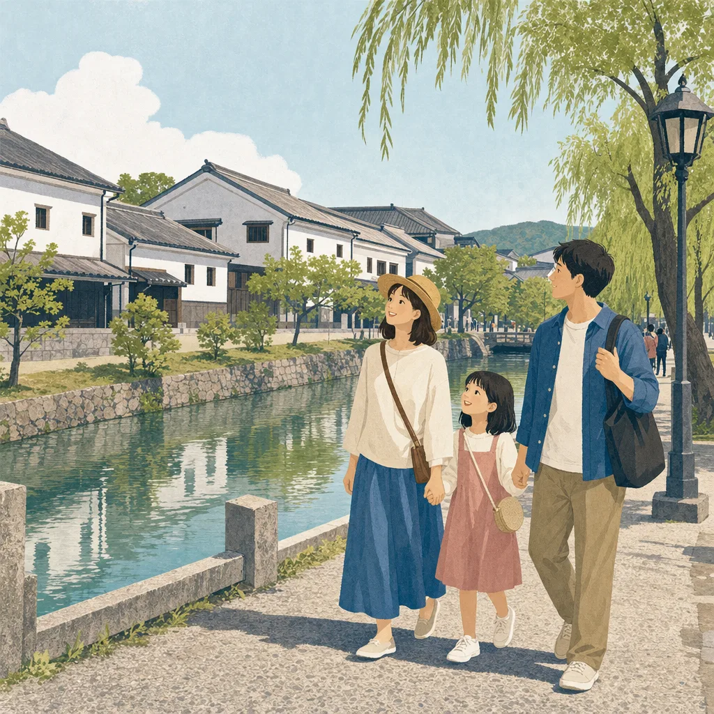 岡山の白壁の町を歩く旅行者（編集記事向け）。岡山旅行、倉敷、白壁の町、中国地方旅行の記事や案内に使える商用素材です。
