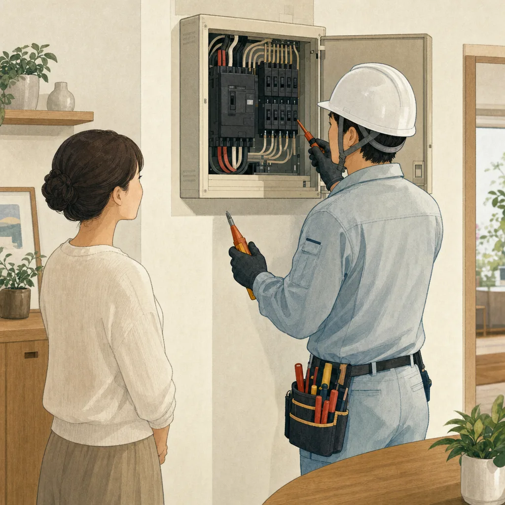 住宅設備を点検する日本人電気工事士（編集記事向け）。電気工事士、住宅設備、保守点検、安全の記事向け素材です。