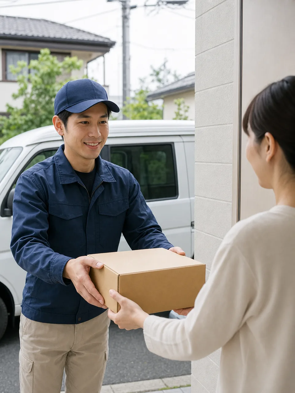 宅配便を届ける日本人ドライバー（自然な縦位置写真）。宅配便、物流、配送、ラストワンマイルの記事向け素材です。