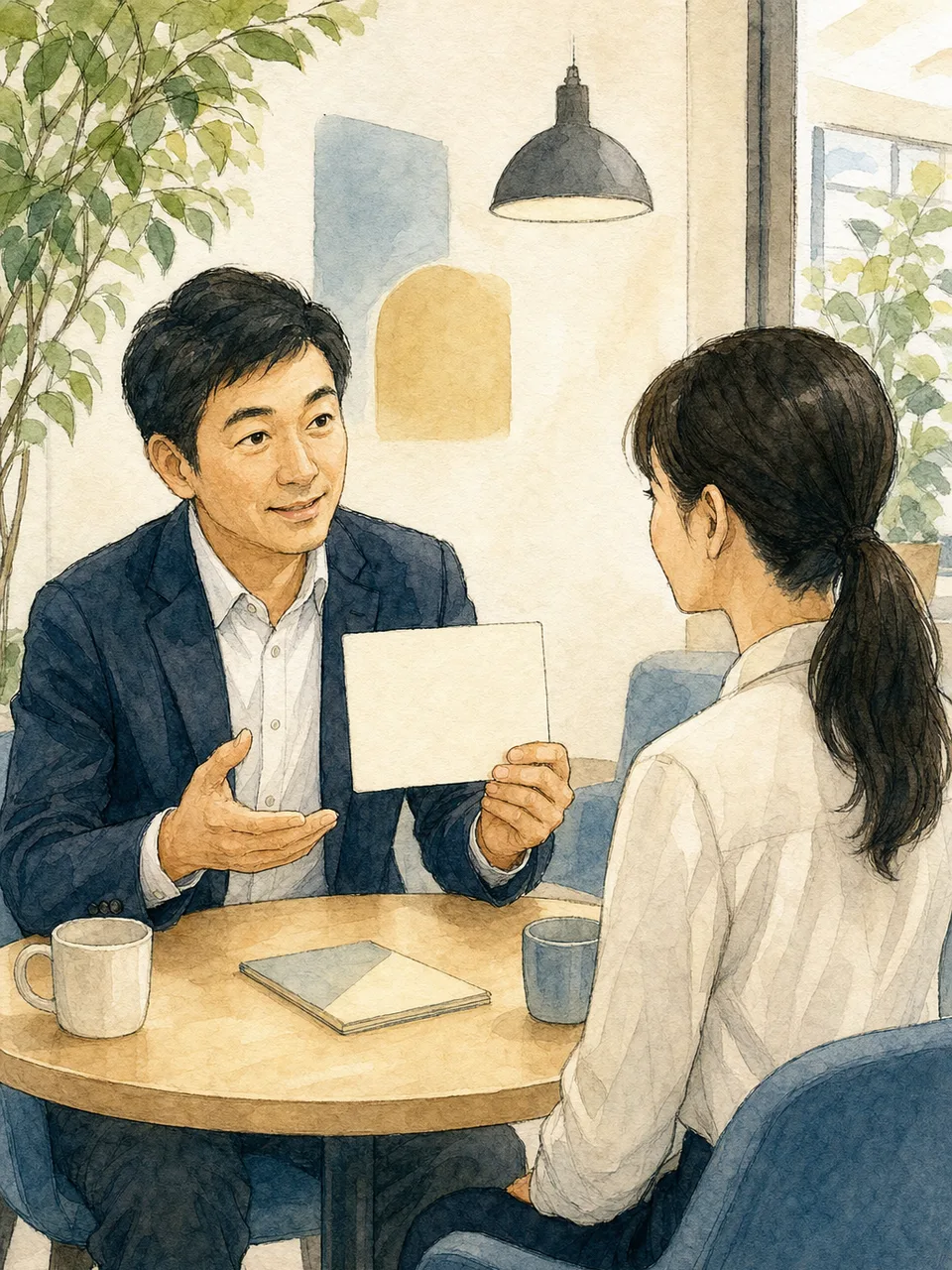 一対一の面談をする日本人の上司と部下（手描き水彩）。1on1、一対一面談、フィードバック、上司と部下の記事や案内に使える商用素材です。