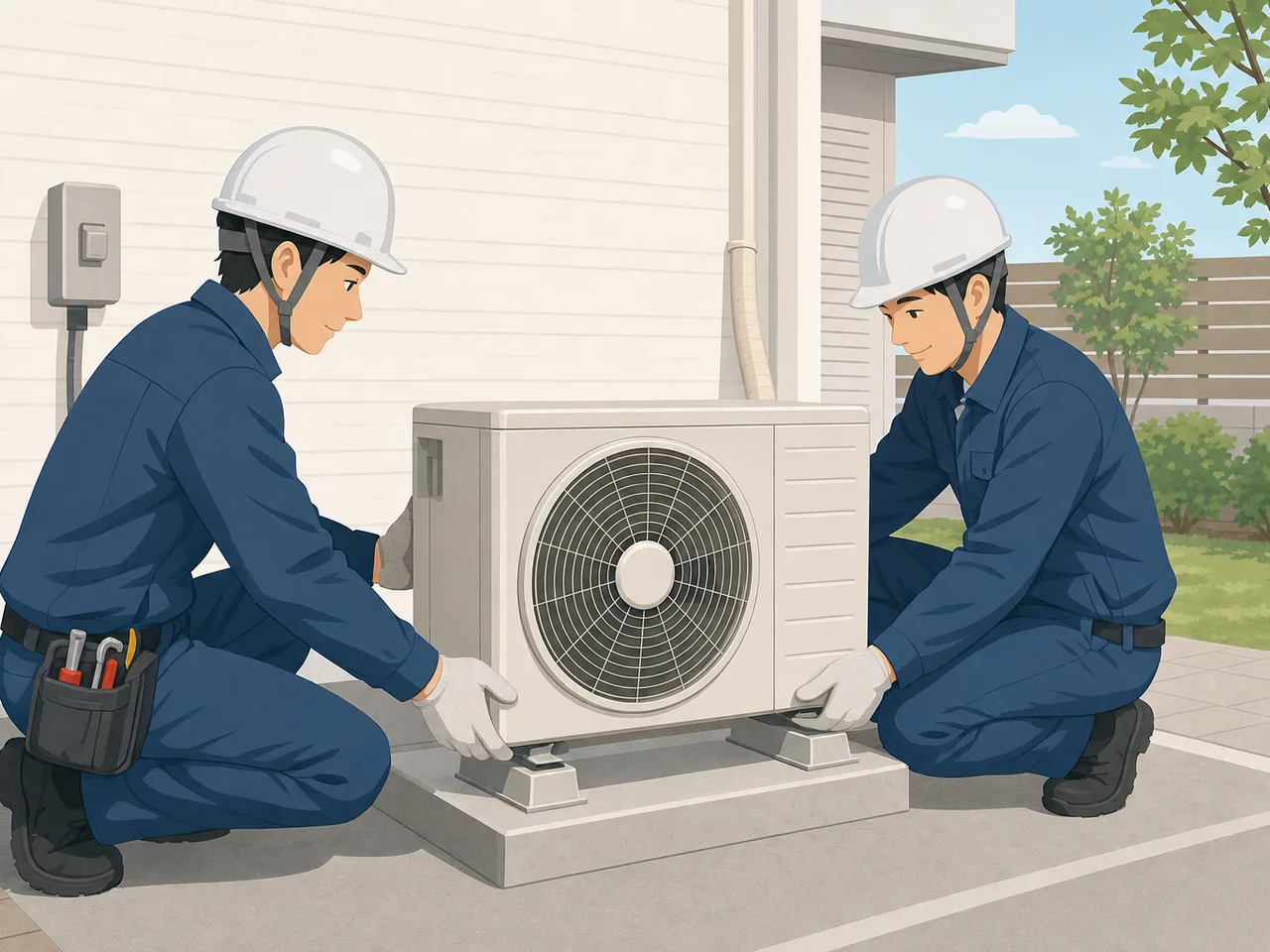 ヒートポンプを設置する日本人技術者（フラットイラスト）。ヒートポンプ、省エネ設備、空調設備、住宅設備の記事や案内に使える商用素材です。