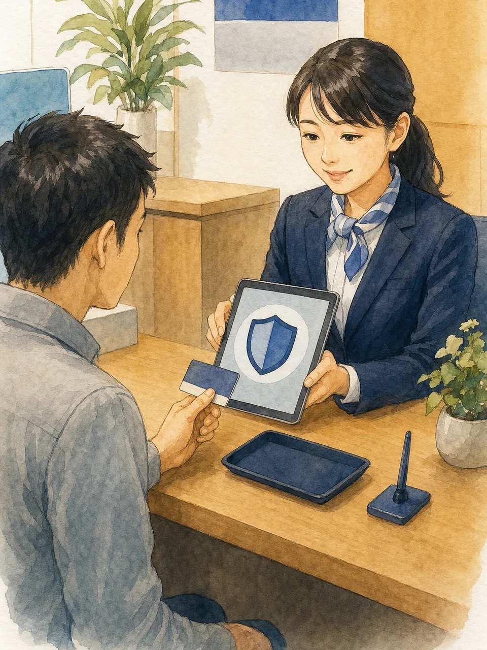 銀行で本人確認を受ける日本人（手描き水彩）。銀行窓口の本人確認、口座手続きのKYC、本人確認、銀行手続きの記事や案内に使える商用素材です。
