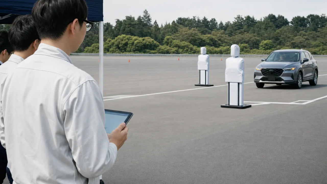 自動運転を検証する日本人技術者（横長・コピースペース）。自動運転、車両開発、安全検証、モビリティの記事向け素材です。