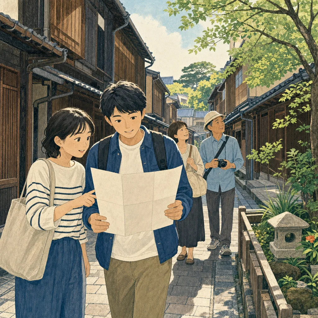 金沢の街並みを楽しむ日本人旅行者（編集記事向け）。金沢、北陸旅行、歴史的街並み、街歩きの記事向け素材です。