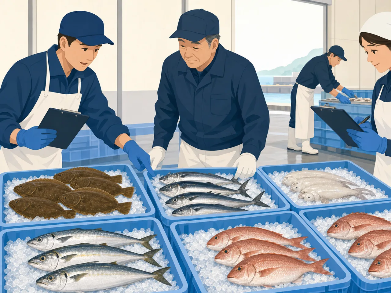 魚市場で鮮度を確認する日本人（フラットイラスト）。魚市場、鮮魚、水産業、卸売市場の記事や案内に使える商用素材です。