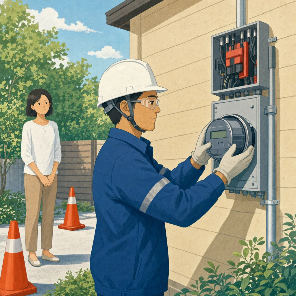 スマートメーターを交換する日本人技術者（編集記事向け）。スマートメーター、電力量計、電気設備、交換作業の記事や案内に使える商用素材です。