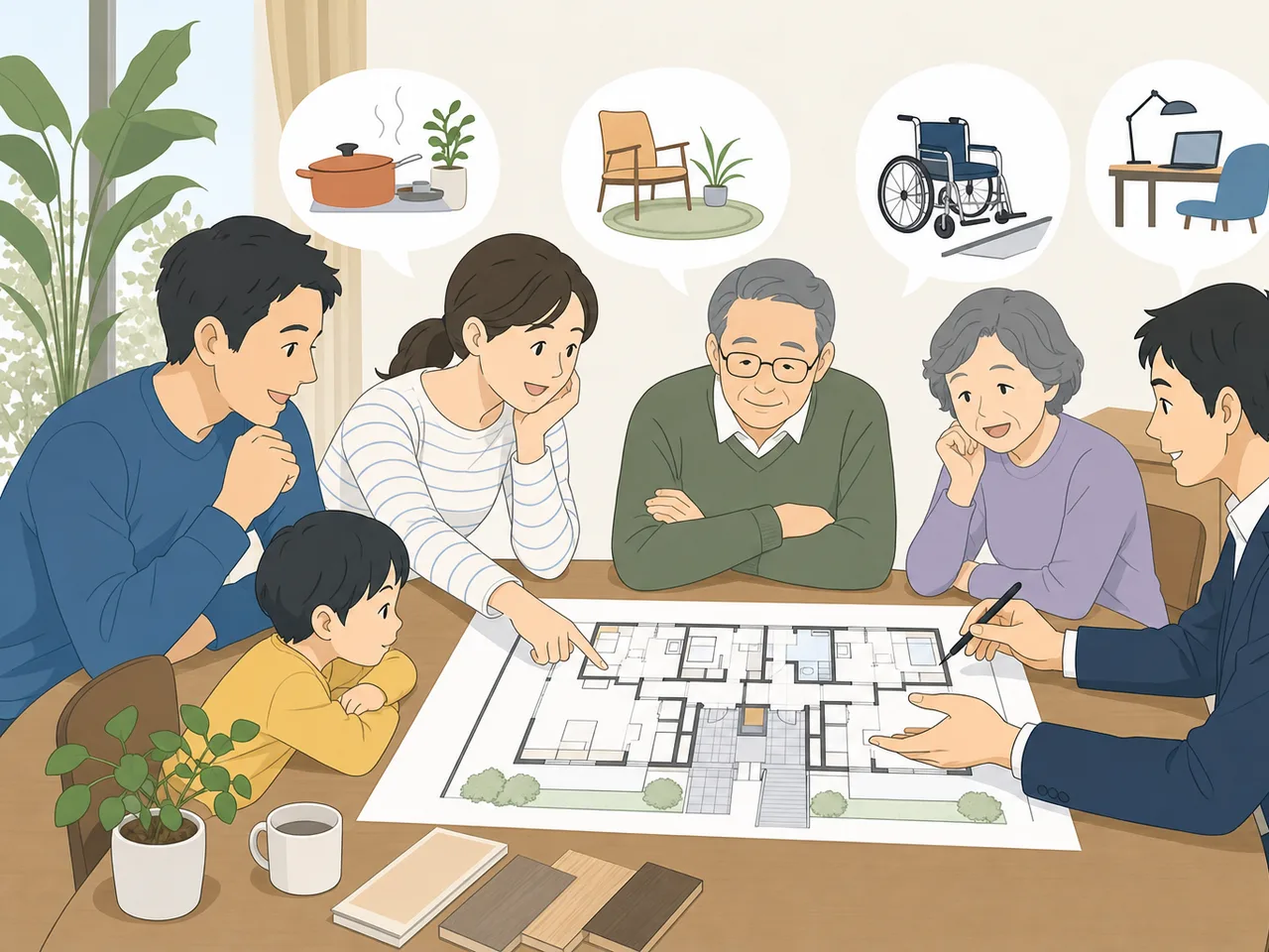 二世帯住宅で暮らす日本人家族（フラットイラスト）。二世帯住宅、三世代家族、間取り、住まいの記事向け素材です。