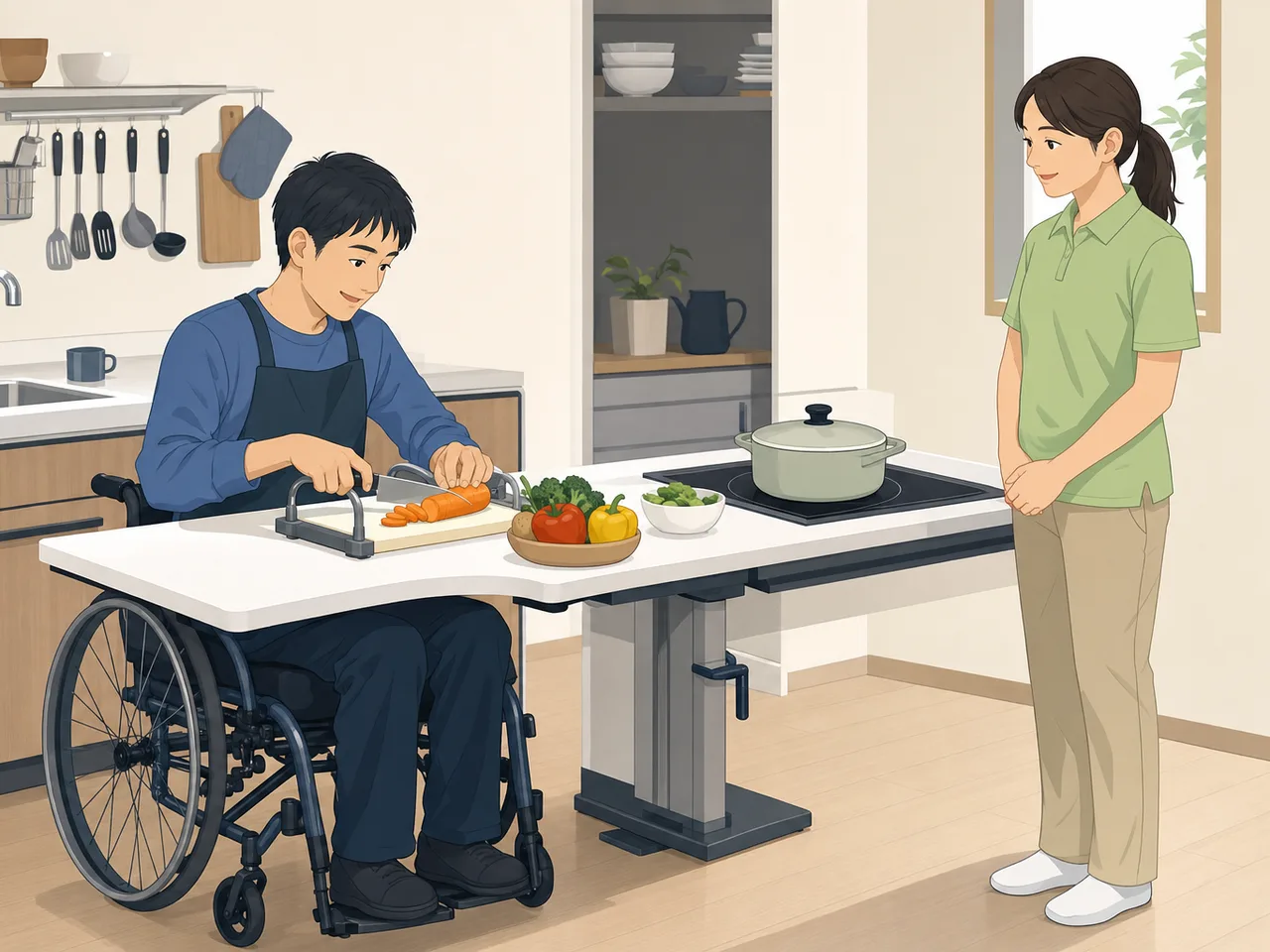 使いやすい台所で料理する日本人（フラットイラスト）。アダプティブキッチン、障害者、自立生活、調理支援の記事や案内に使える商用素材です。