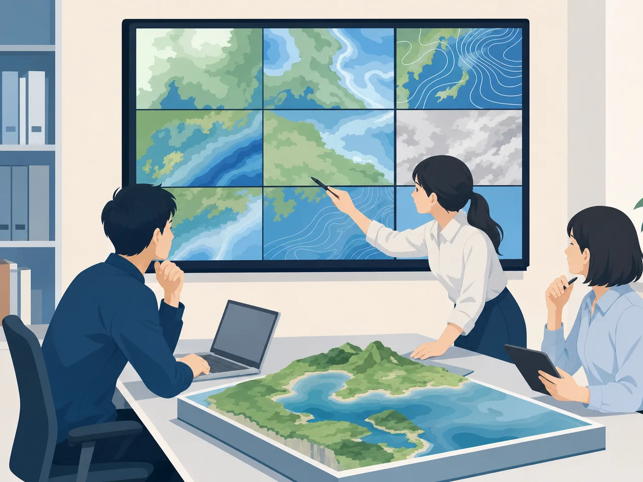 衛星データを分析する日本人研究者（フラットイラスト）。衛星データ、リモートセンシング、地理空間情報、データ分析の記事や案内に使える商用素材です。