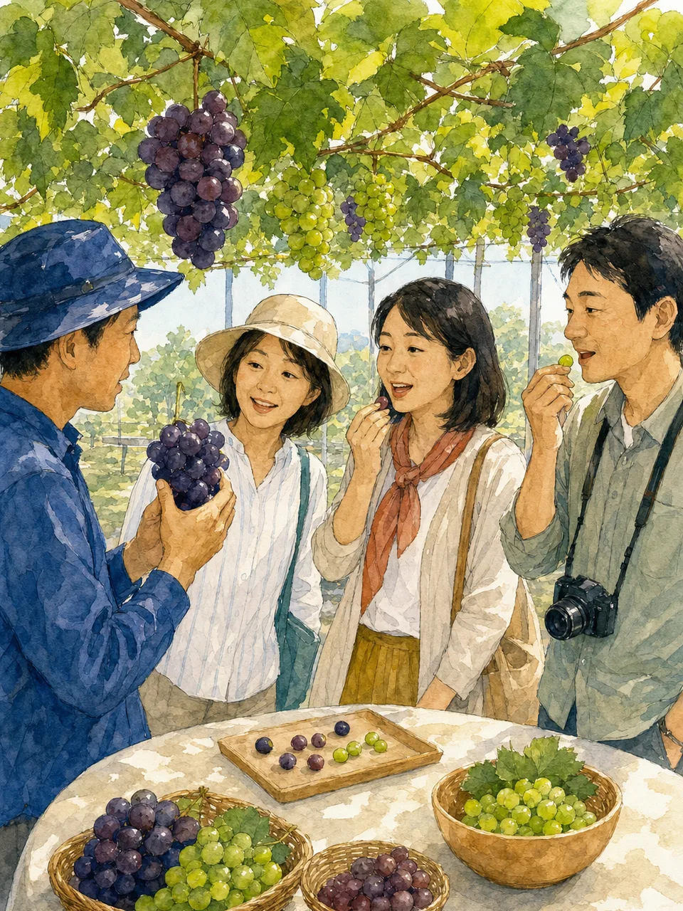 山梨のぶどう畑を訪れる旅行者（手描き水彩）。山梨旅行、ぶどう畑、果樹園、ぶどう狩りの記事や案内に使える商用素材です。