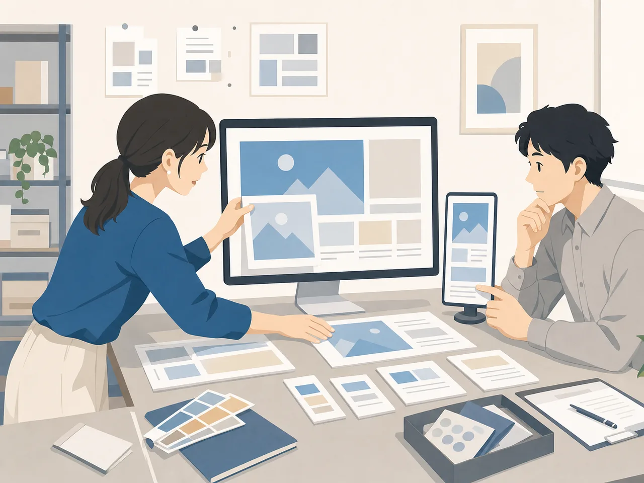 ウェブサイトを設計する日本人デザイナー（フラットイラスト）。ウェブデザイナー、サイト制作、UIデザイン、クリエイティブの記事向け素材です。