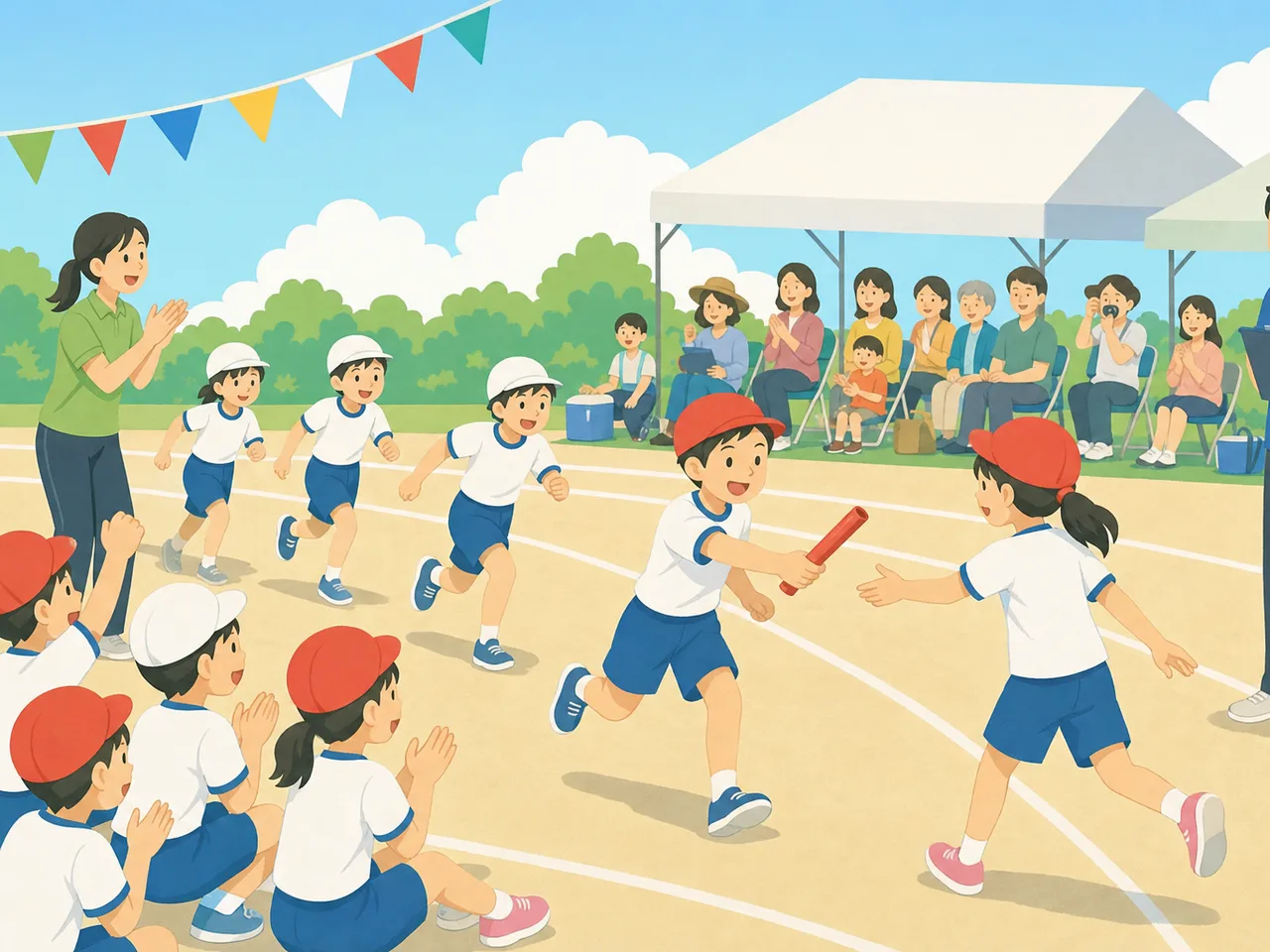 運動会を楽しむ日本人の子どもたち（フラットイラスト）。運動会、学校行事、子ども、地域イベントの記事向け素材です。