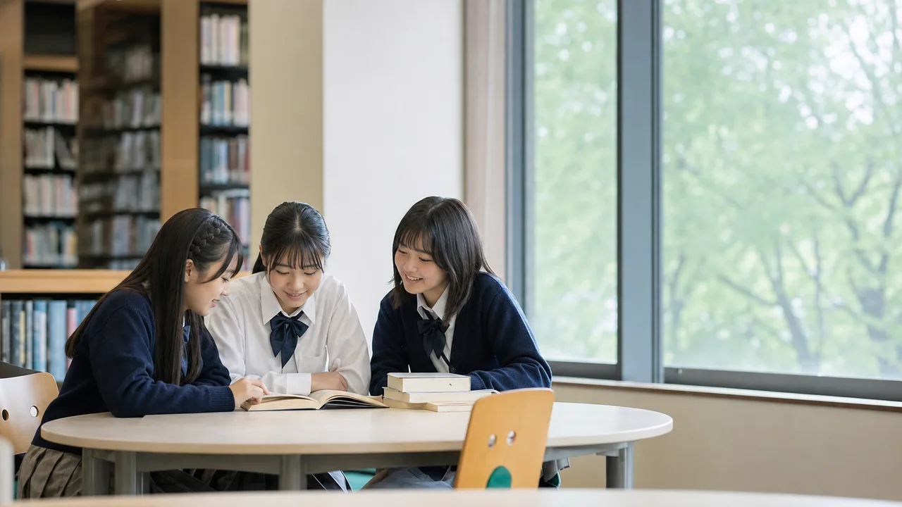 放課後を過ごす日本人女子高校生（横長・コピースペース）。女子高校生、放課後、友達、青春の記事向け素材です。